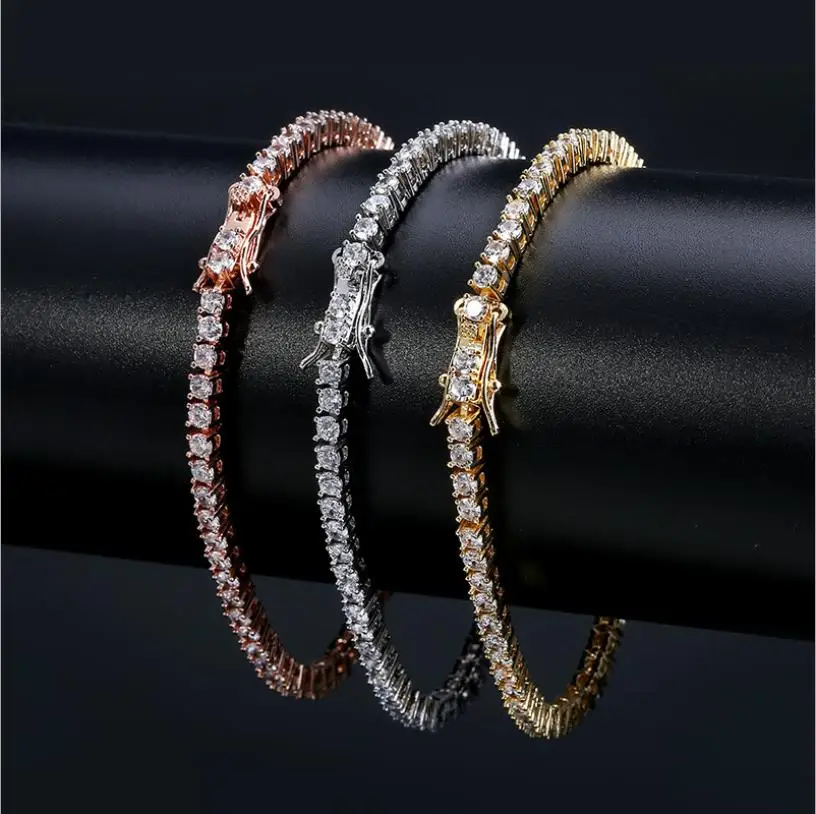 

Fashion 3mm 5mm 6mm Men Women Cubic Zirconia Tennis Bracelet Hiphop Jewelry Iced Out 1 Row Gold CZ Charms Bracelet For Gifts