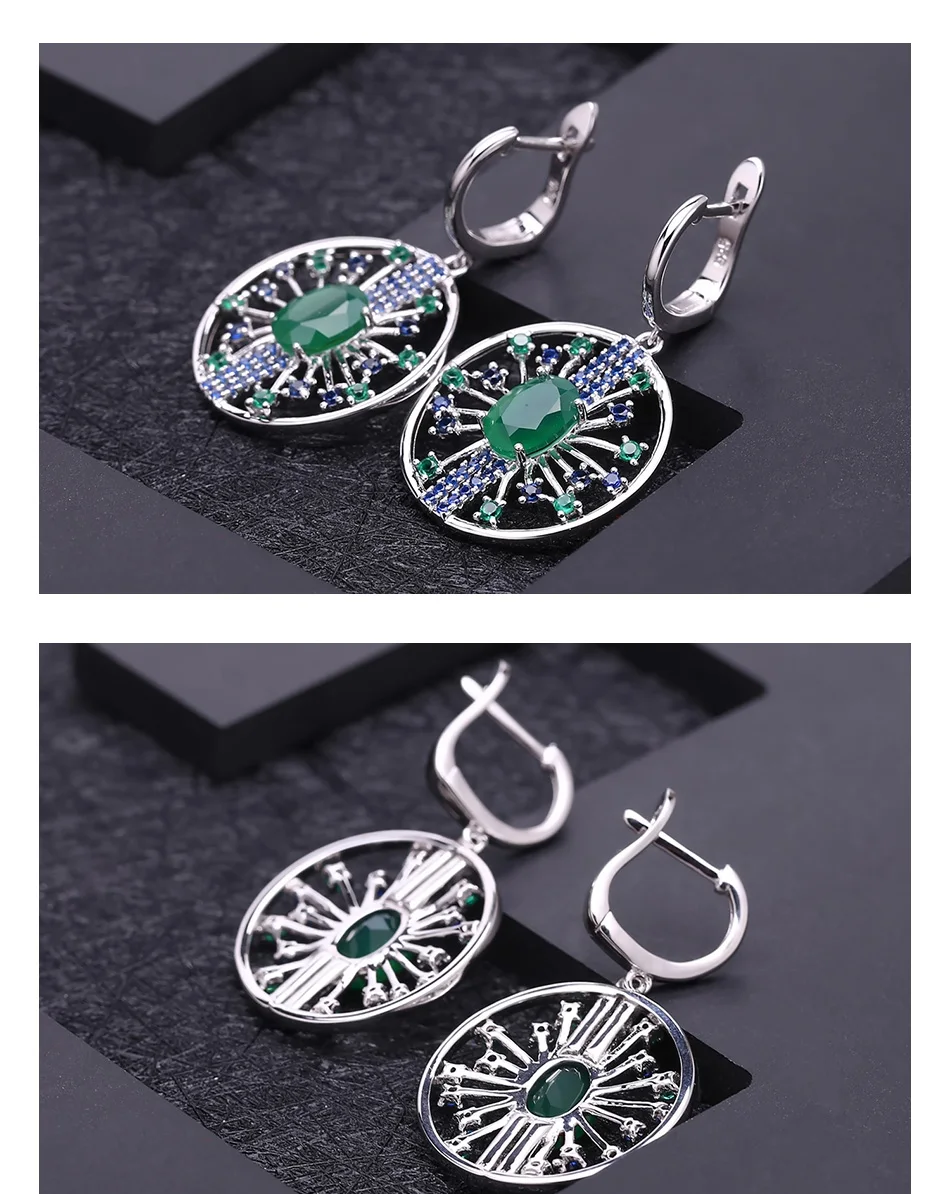 Ювелирный набор в винтажном стиле с натуральным зеленым агатом, 3.88Ct, 925 пробы серебряные серьги, наборы с подвеской для женщин, хорошее ювелирное изделие