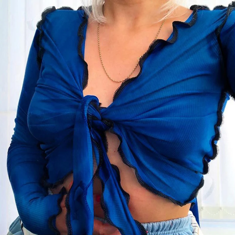 Autumn Female Bow Tie Up Deep V-Neck Long Sleeve Cardigan Crop Blouse Tops for Women 2020 Fall Fashion Sexy Woman Shirts | Женская