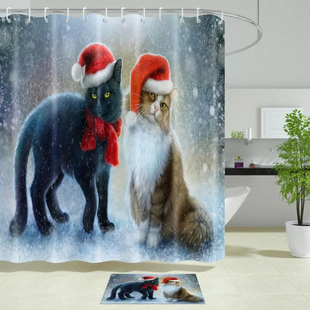 

Christmas Cats Shower Curtains Bathroom Curtains Creative Design Waterproof and Mildew Proof Bath Screen With 12 Hooks Washable