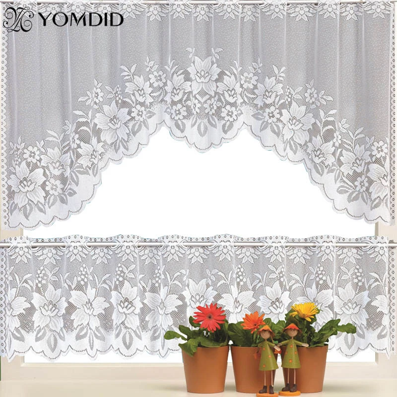 

2PCS European White Translucent Coffee Curtain Warp Knitted Curtains Kitchen Tulle Lace Sheer Jacquard Bedroom Curtains