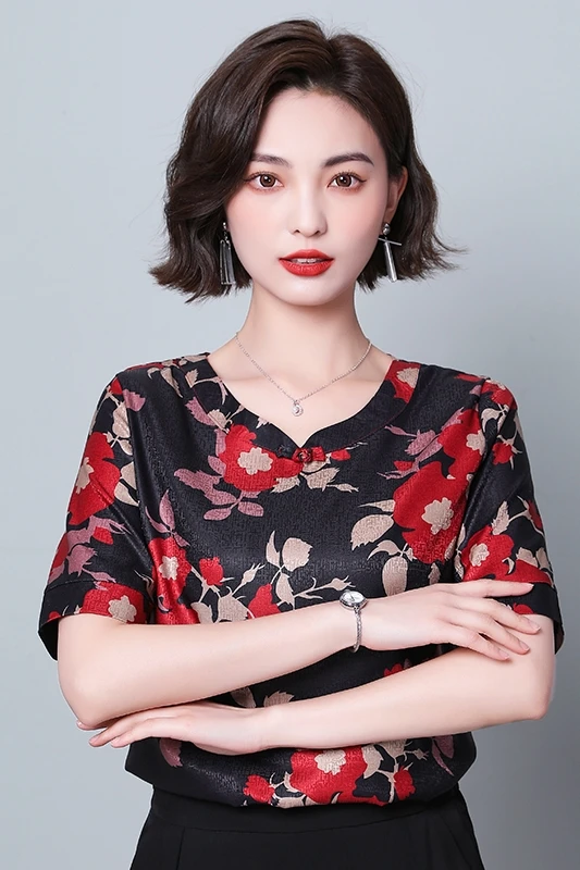 

Houthion Women's Blouse Printed Top V-neck Silk Casual Fashion Short Sleeve Shirt Summer Plus Size High-end Dropshipping