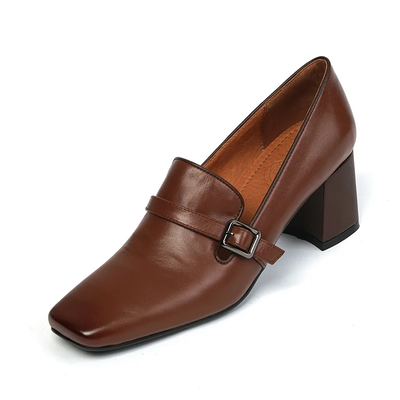

Women Retro Pumps Genuine Leather Buckle Decor Square toe Elegant Lady Shoes Dress Footwear Female Thick High Heels 2021