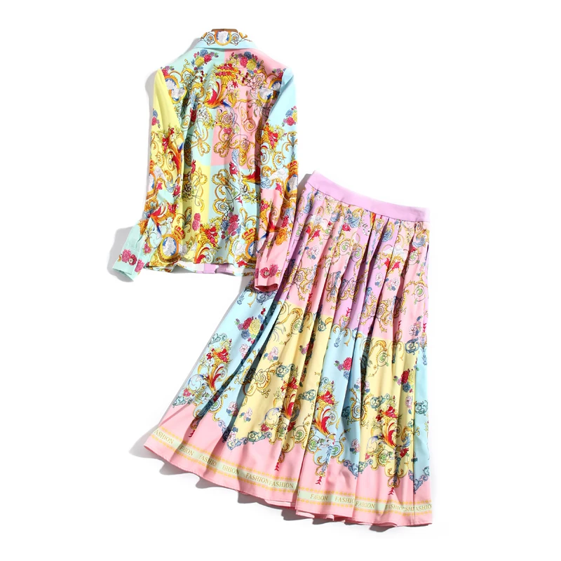

Spring Autumn New Women'S Flower Print Lapel Long Sleeve Shirt Tops Loose Pleated Half Skirt Vintage Fashion Two Piece Set
