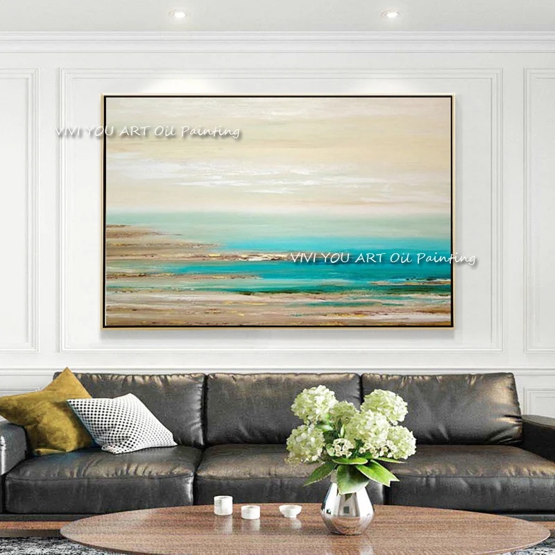 

The Fashion Hand Painted Palette Green Oil Paintings Canvas No Framed Abstract Wall Picture for Hotel Office Decor Art Sea Beach