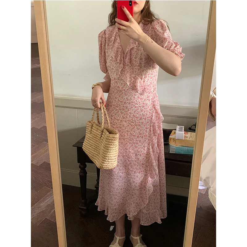 

Tea Break Lisianthus Women Dress Chiffon Puff Short Sleeve Floral Dresses Irregularly Designed Long Skirt Pastoral Style Female