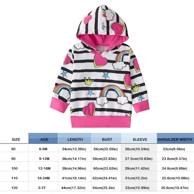 Leisure Kids Girls Fashion Sweatshirt Warm Long Sleeve Striped Rainbow Printing Splicing Hoodies Sports Top Cotton Baby Clothes