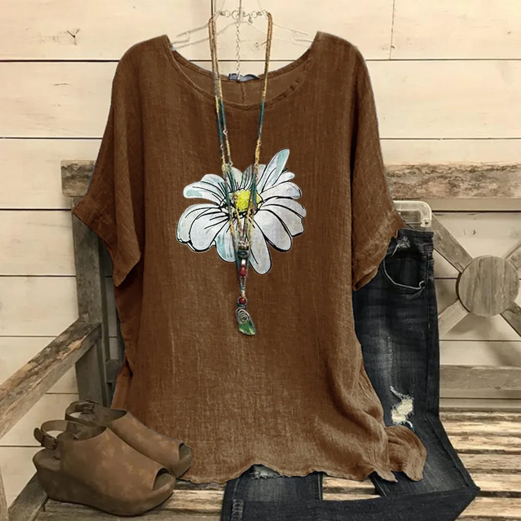 Женская винтажная блузка из смесовой хлопка с круглым вырезом и коротким рукавом