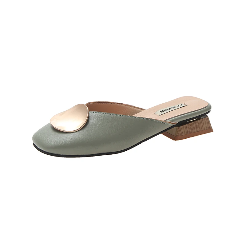 

Chic Mid Heel Ladies Mules Trend Metal Buckle Women Summer Half Slippers Elegant Ladies Office Shoes Pumps 4cm Heel