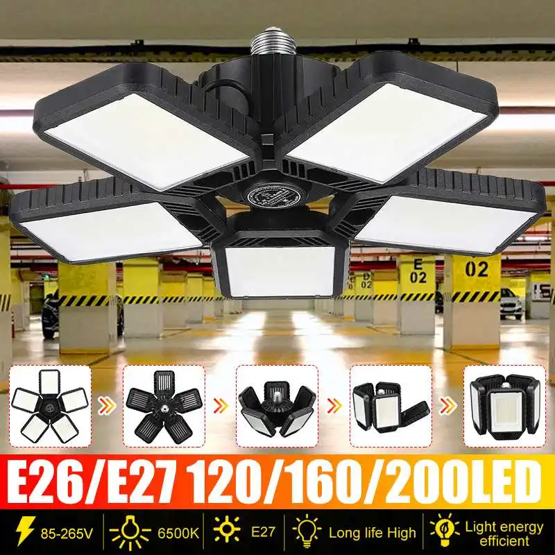 

Деформируемая Светодиодная лампа с 5 листьями, 200 Вт, светодиодная лампа для гаража, регулируемая потолочная лампа E27 для высоких промышленн...