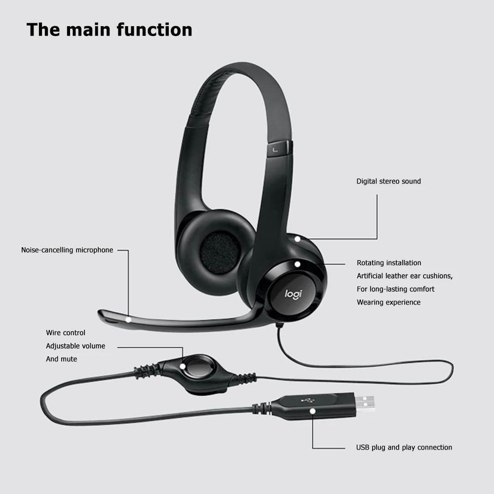 Logitech H390 Computer Headphones Hands-free Gaming Meeting Video USB Stereo Headset With Mic For Laptop PC Gamer Home Office |