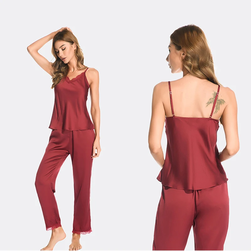 Ladies Spring And Summer High-End Ice Silk Sexy Suspender Nightdress Nine Minutes Pants Suit Lace V-Neck Soft Ladies Pajamas