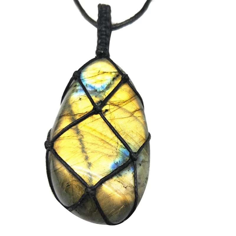

Natural Moonstone Labradorite Rough Stone Pendant Necklace Hand Knitted Style Random Color Style