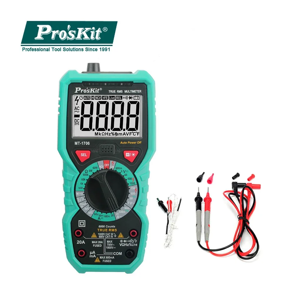 

Мультиметр Proskit MT-1706 3-5/6 True-RMS, высокоточный цифровой дисплей, поддержка домашнего электрика, защита от сгорания