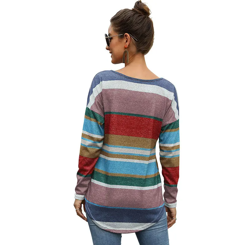 Повседневные весенние полосатые длинные рубашки с круглым вырезом 3 цвета