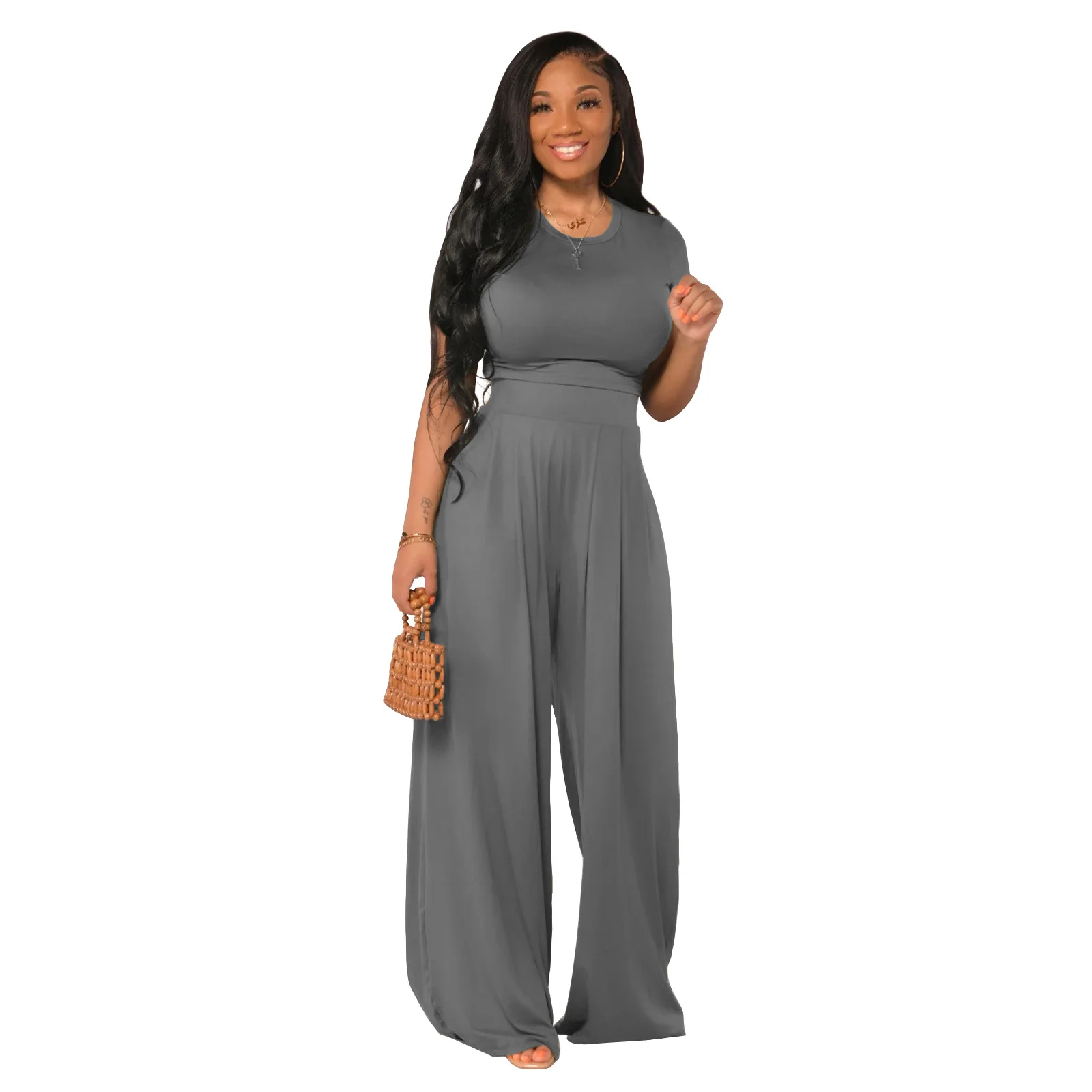 

SSEURAT Spring/Summer 2021 Women's Fashion Loose Solid Color Round Neck Short Sleeve Wide Leg Pants Leisure Two Piece Suit