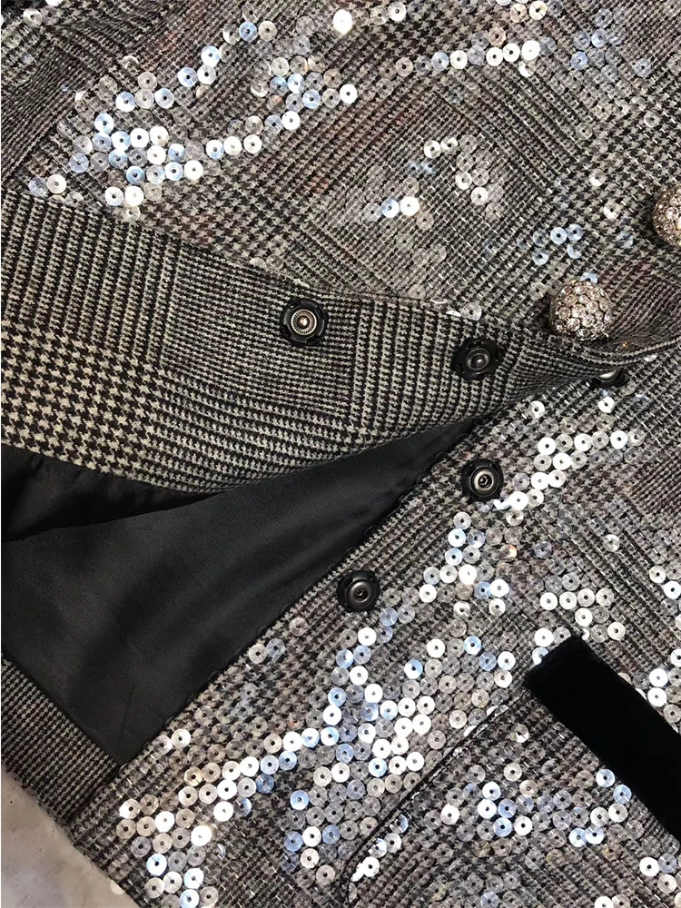 

Free shipping heavy crafts hit color lapel sequin plaid short coat ladies autumn new style diamond buckle all-match top