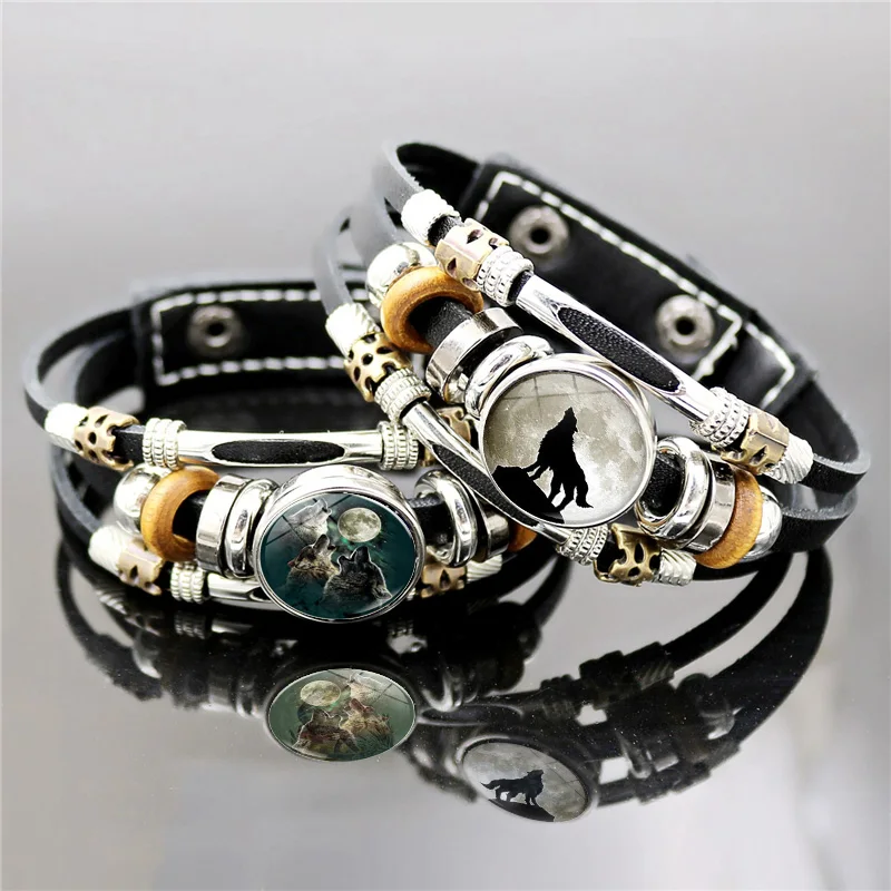

Vintage Wolf Head Glass Snap Bracelet Men Women Jewelry Fashion Handmade Multilayer Punk Leather Bracelet Gifts for Friends