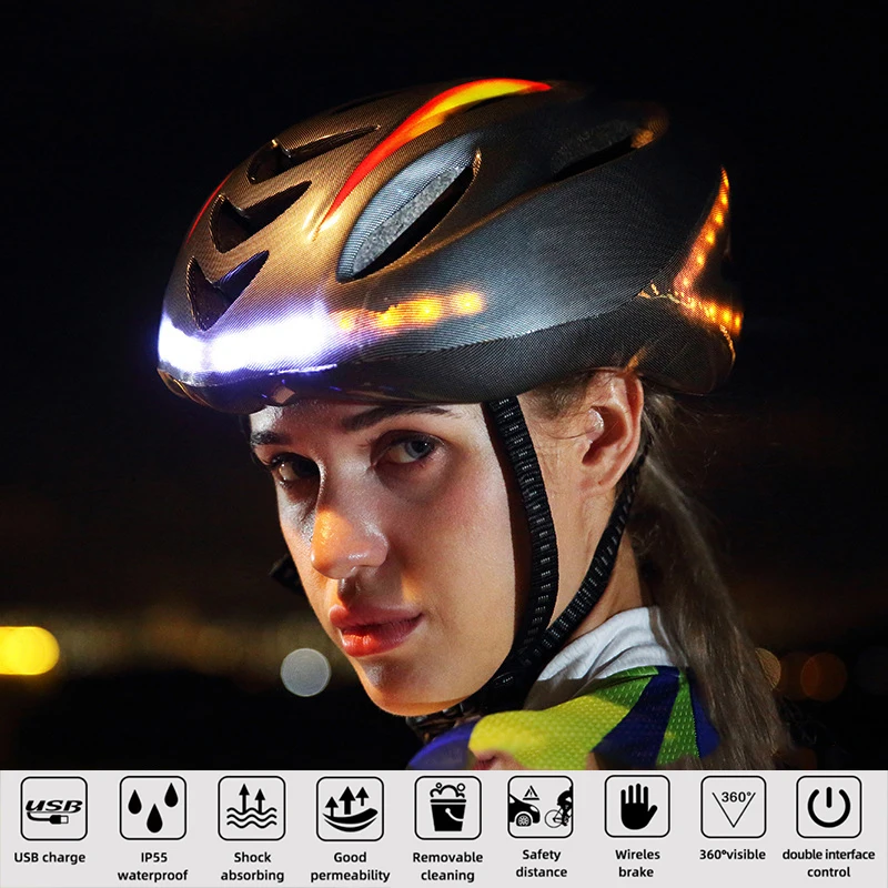 New Smart Bicycle Light Helmet USB Rechargeable Bike with Wireless Steering Turning Signal handlebar Remote Control | Спорт и