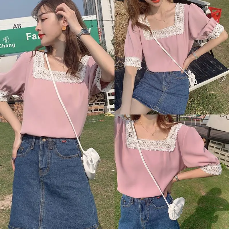 

Summer Sweet Lace Patchwork Chiffon Shirt Fashion Stitching Retro Square Collar And Puff-Sleeve Top