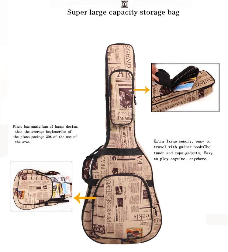 600D водостойкая ткань Оксфорд двойной прошитый Мягкий ремень Gig Bag Чехол для гитары 40/41 дюймов Акустическая классическая народная гитара