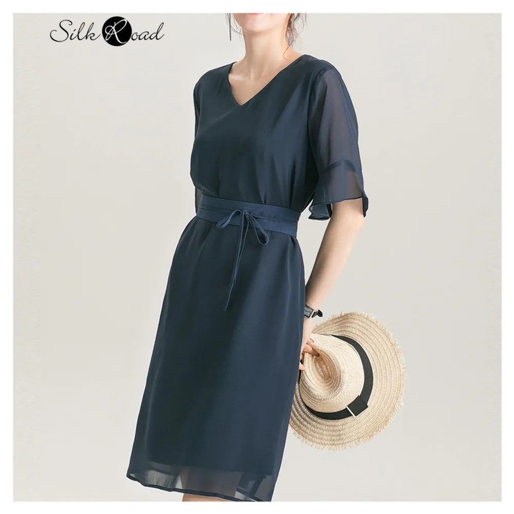 

Silviye Temperament silk dress women's silk waist show thin V-neck lotus leaf sleeve A-line dress new summer