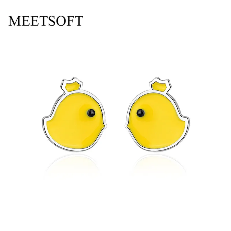 MEETSOFT Silver Colour Prevent Allergy Yellow Resin Little Chicken Stud Earrings for Women Lovely Jewelry Gift | Украшения и