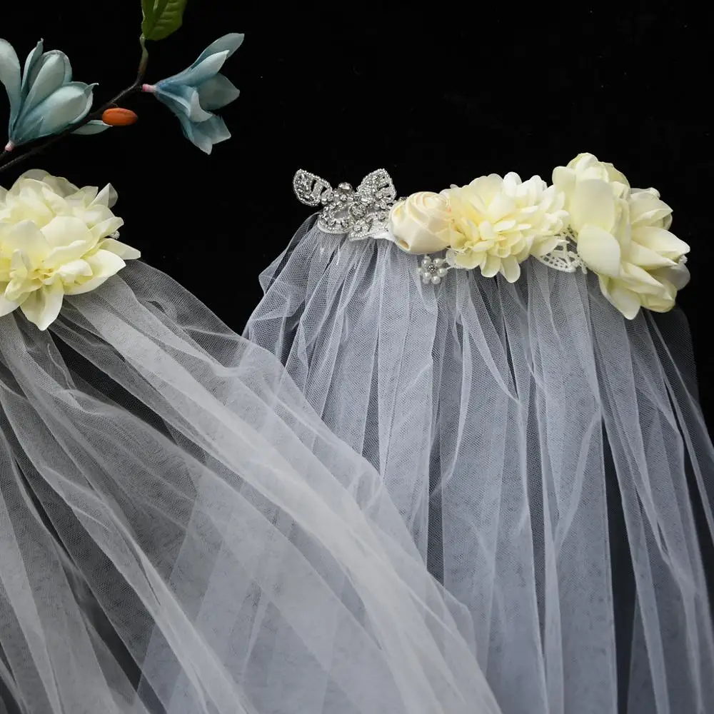 

ZMVS260 Bridal Wedding Veils with Comb Bride Tulle Dress Accessories Veil for Bachelorette Party Cathedral Ribbon Flower Veils