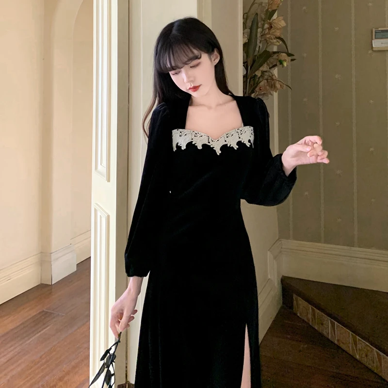 

Spring large French retro over knee split dress with lace and velour bottom plus size dress Vintage Full bodycon dress