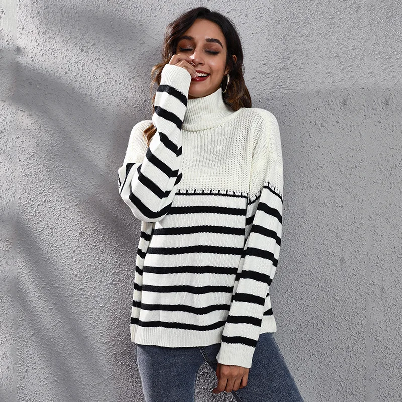 

Fashion Big Brand's Same Style Striped Stitching Drop Shoulder Turtleneck Knitting Sweater Women's Loose Autumn and Winter New