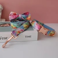 pet dog cat rainbow printing collar leash set with bling bow pet puppy neck strap for french bulldog powdery bottom 02