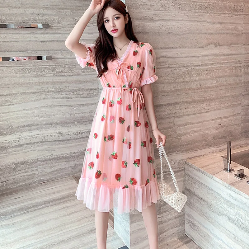 

Sweet Strawberry Dress Sequined Embroidery Cascading Ruffle Party Dress Women V-Neck Puff Sleeve Bow Pink Tulle Mesh Long Dress