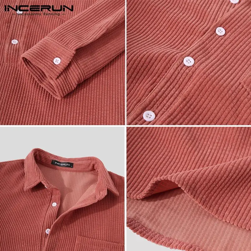 

INCERUN Men Casual Corduroy Shirt Long Sleeve Button Solid Color Lapel Vintage Leisure Shirts 2021 Streetwear Camisa Masculina