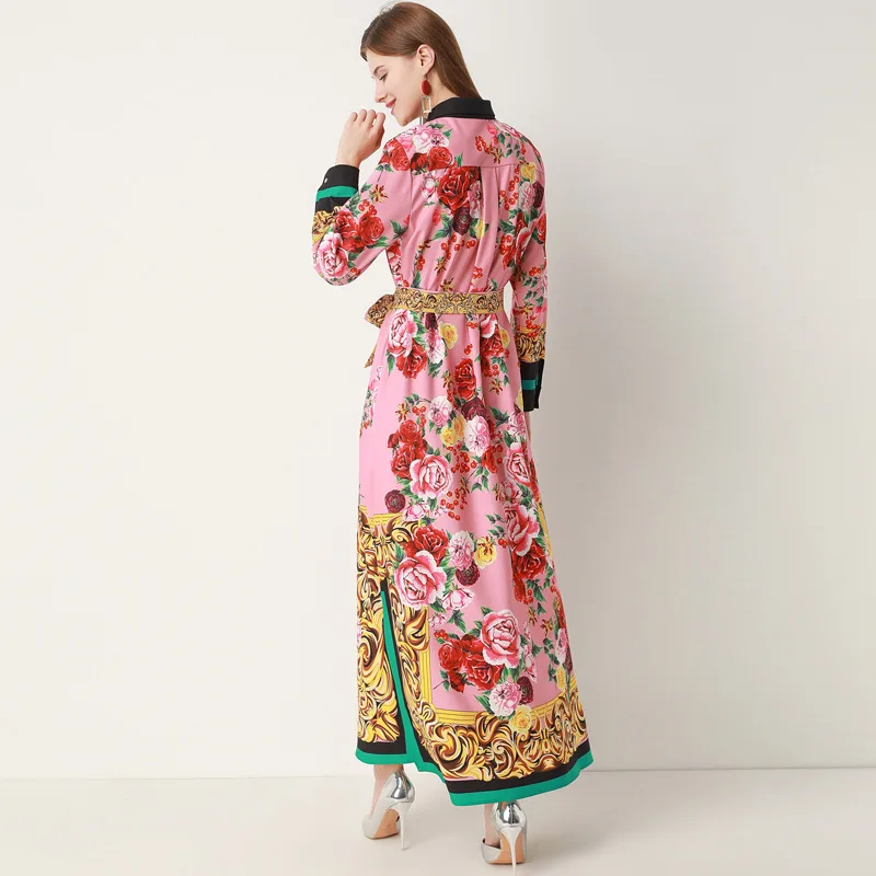

European Style Palace Style Spring and Autumn Elegant Elegant Lapel Rose Print Lace-up Waist Women's Split Dress