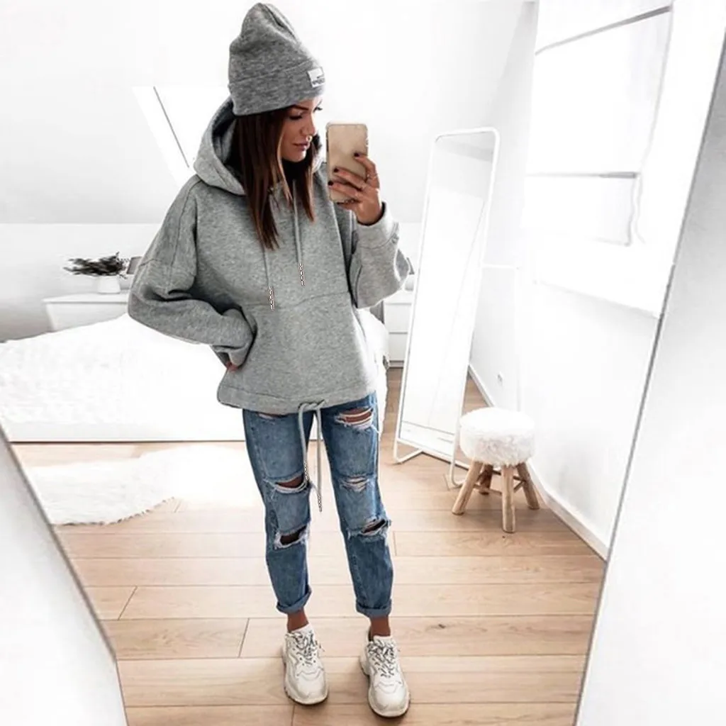 Толстовки женские с длинным рукавом Толстовка пуловер Топы из полиэстера