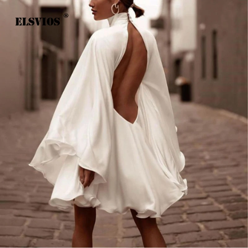 

Sexy Backless Mini Dress Women 2022 Spring New Dress Elegant Stand-up Collar Flared Sleeves Solid Color Loose Lady Party Dresses