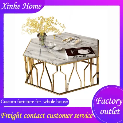 

Новый креативный шестигранный кофейный столик из нержавеющей стали с мраморной поверхностью, лучшее качество, стол для отдыха на 100% удовле...