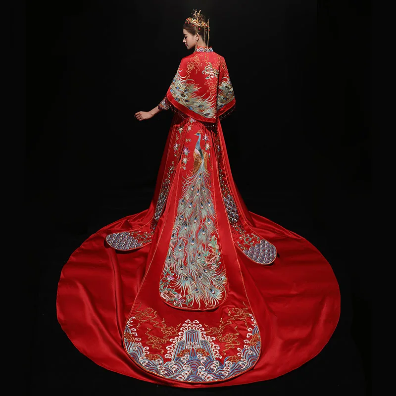 

Women Oriental Chinese Qipao Asian Bride Wedding Trailing Dress Gown SuZhou Embroidery PEACOCK Cheongsam Han Fu Clothing Suit