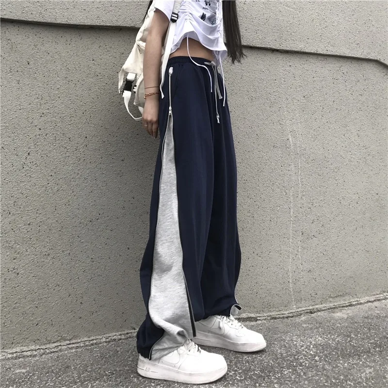 

Spring Autumn Ins Hipster High Waist Casual Long Capris Zipper Straight Wide Leg Pants for Women Clothing Drawstring Sweatpants