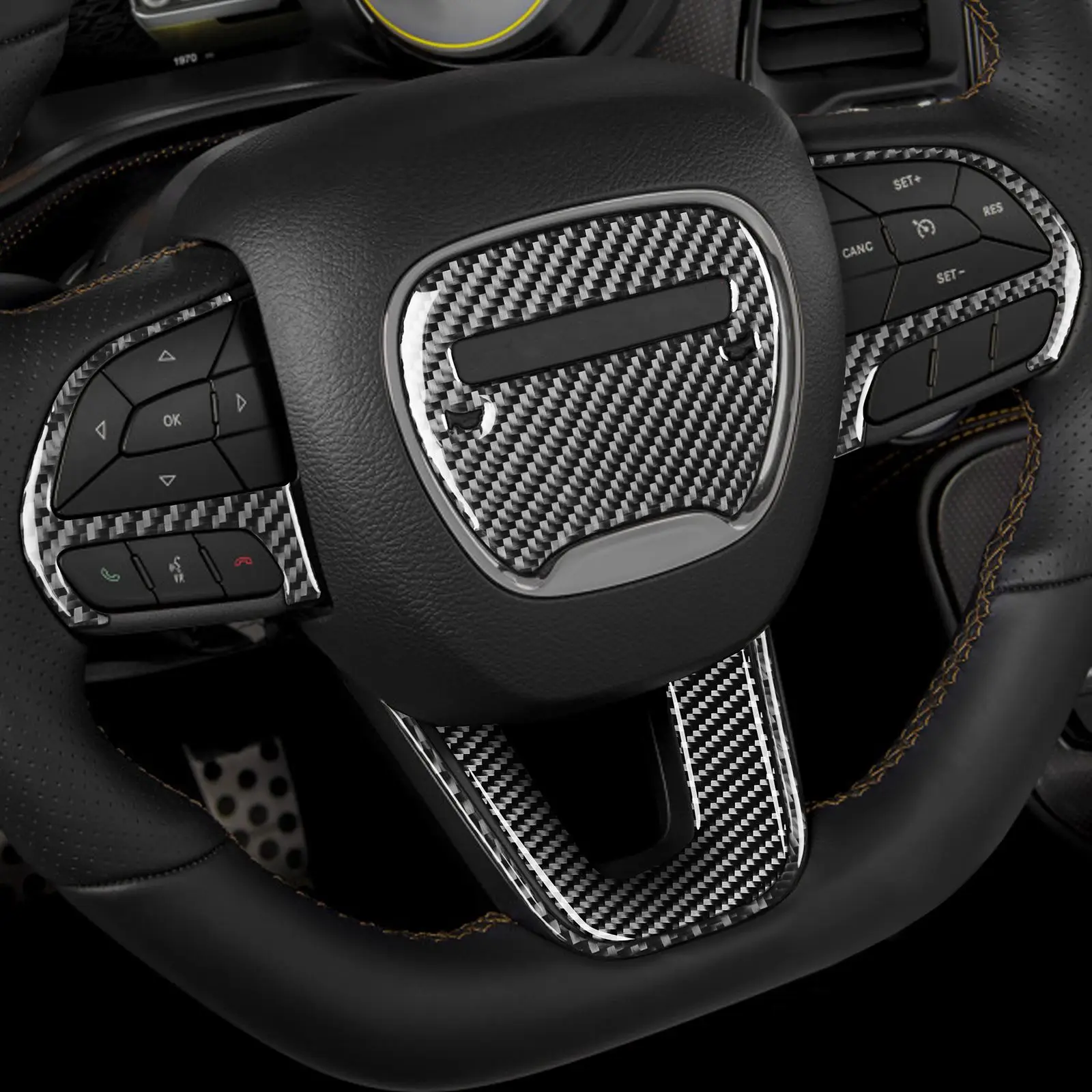 

Steering Wheel Button Frame Button Trim Decorative Cover Accessories Carbon Fiber Wheel Frame For Dodge Challenger 2015-Up