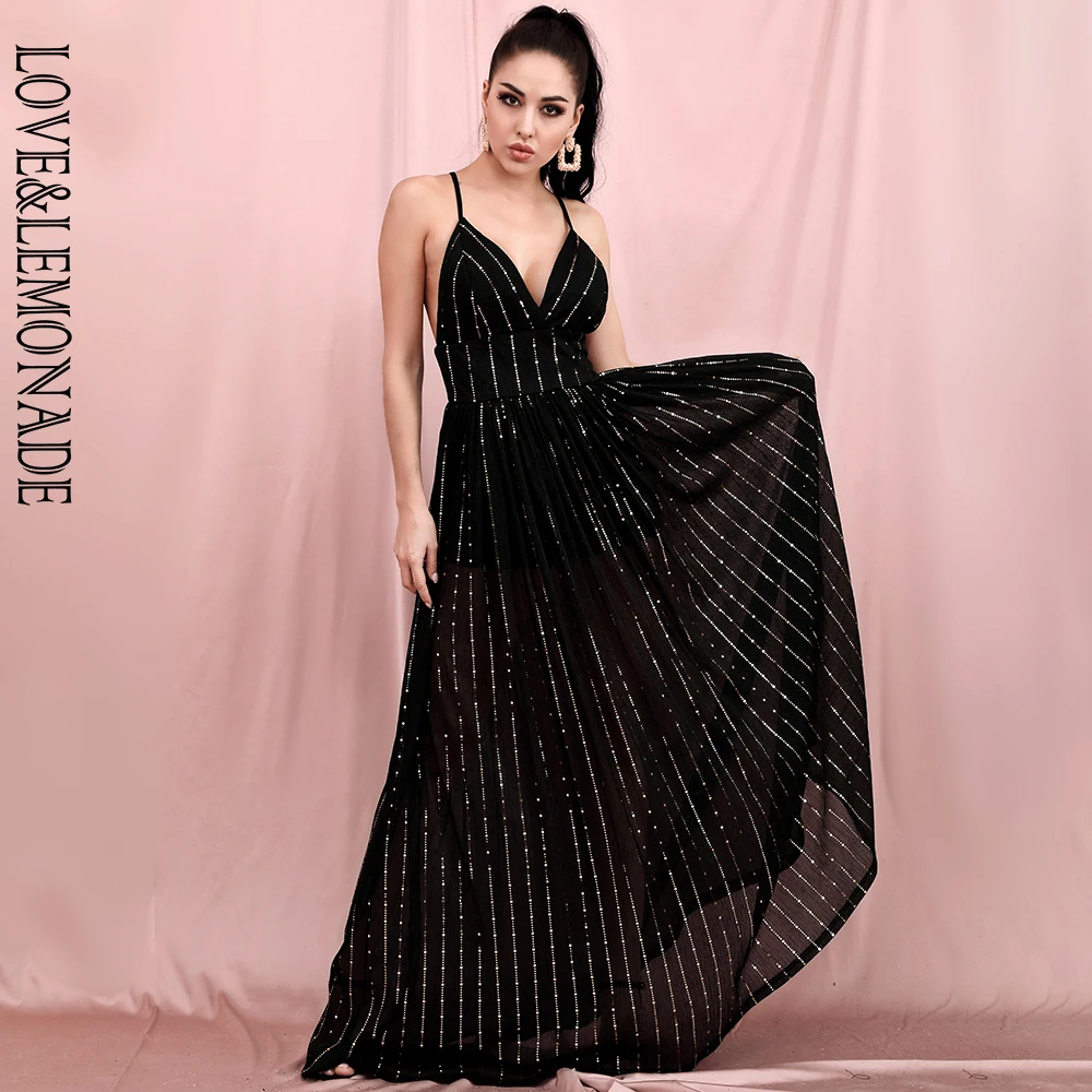 Женское платье с открытой спиной LOVE & LEMONADE длинное Сетчатое трапеция и V образным