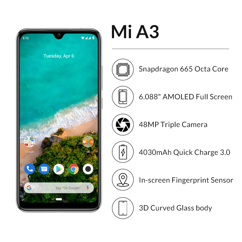 Новейшая глобальная версия Xiaomi Mi A3 Snapdragon 665 четыре ядра 4 Гб 128 ГБ мобильный
