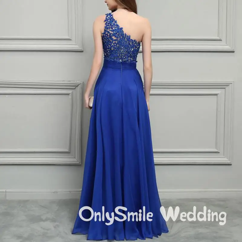 Ярко-синий шифон Длинные Выпускные платья 2019 одно плечо Кружева бисером