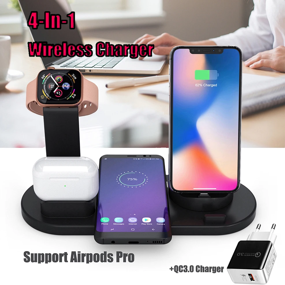 

Беспроводная зарядная станция 4 в 1 для iPhone 11Pro XS Max XR 8 AirPods Pro Apple Watch 5 4 3 2 быстрая Qi Беспроводная зарядная док-станция