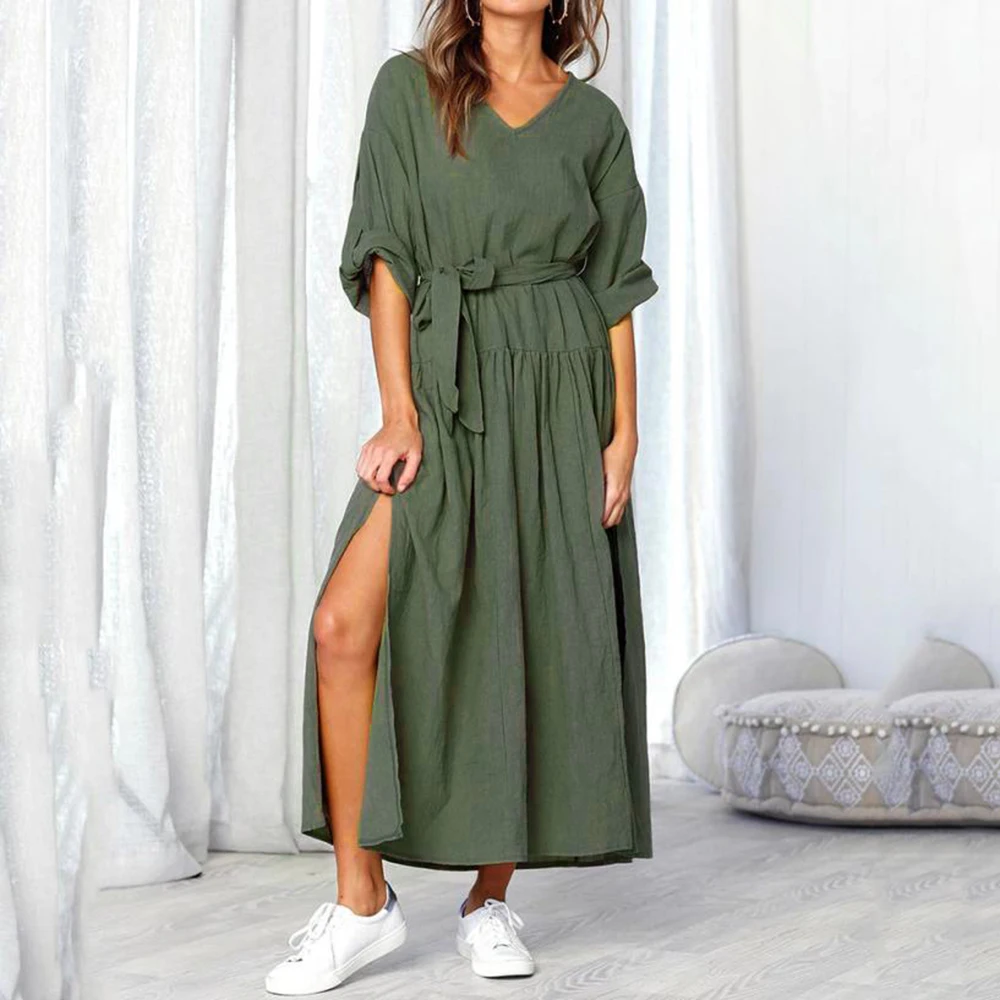 Women Long Sleeve Dress Side Split Vintage V Neck With Sashes Vestidos De Festa Loose Long Fashion Femme Slit Ladies Shirt Dress