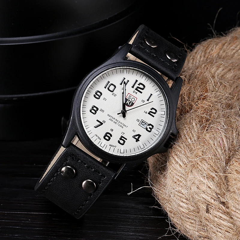 

Top Fashion Vintage Classic Men's Waterproof Date Leather Strap Sport Quartz Army Watch Waterproof Date Brand Men Women Clock