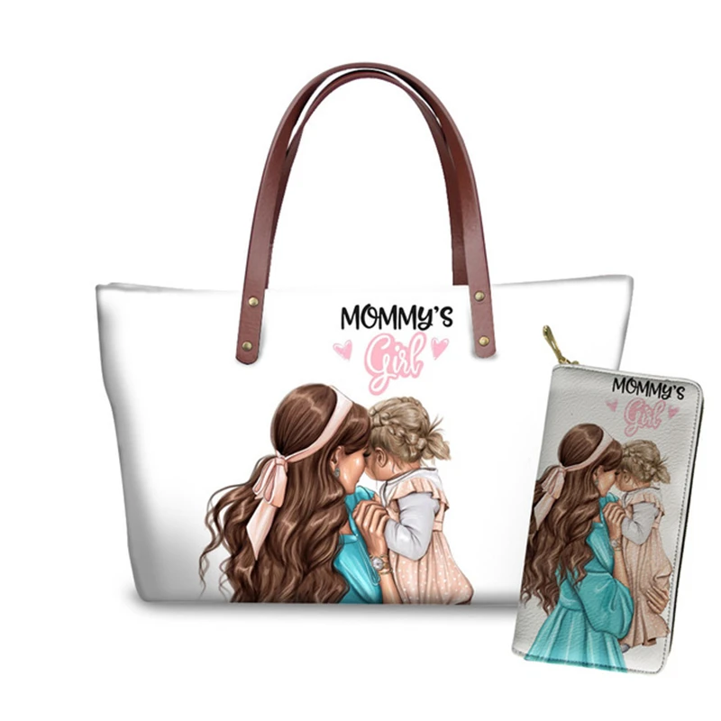 ELVISWORDS Luxury Design Women Handbags&Wallet Set Super Mom Print Shoulder Bags Fashion White Handbag Female Purse Bolsa Mujer