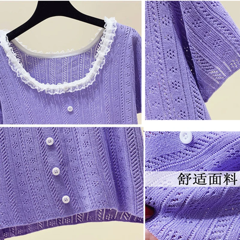 

Women Lace Square Collar Hollow Out Knit T-Shirt 2021 Plus Size Short Sleeve Knitwear Tops Fashion Summer Thin Stretch Pullovers