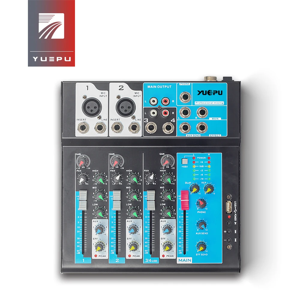 

YUEPU RU-F4 Sound Audio Mixer Professional 4 Channel 48V Phantom Power Reverbration USB Mixing Console Player USB DSP FX Effects
