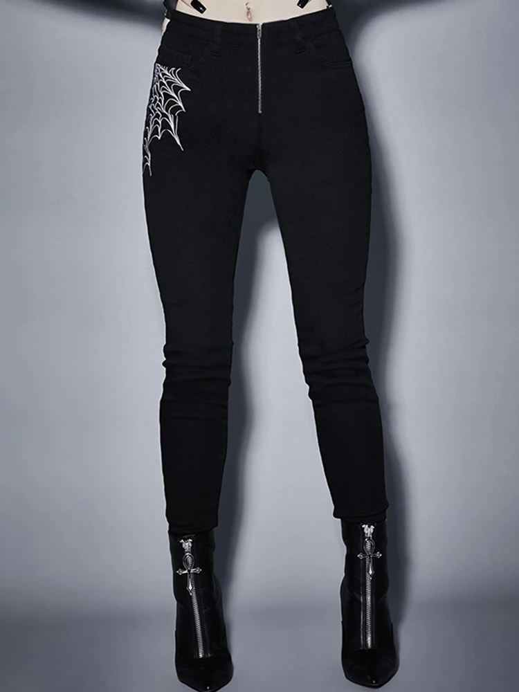 

Cozok Gothic Spider Graphic Print Black Pants Harajuku Grunge Punk High Waist Bodycon Zipper Pants Aesthetic Women Trousers